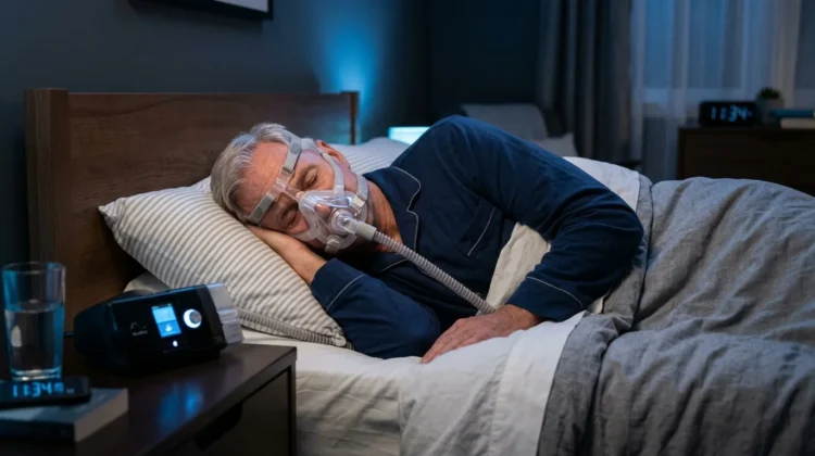 Older adult wearing CPAP full-face mask in bed at night for sleep apnea therapy