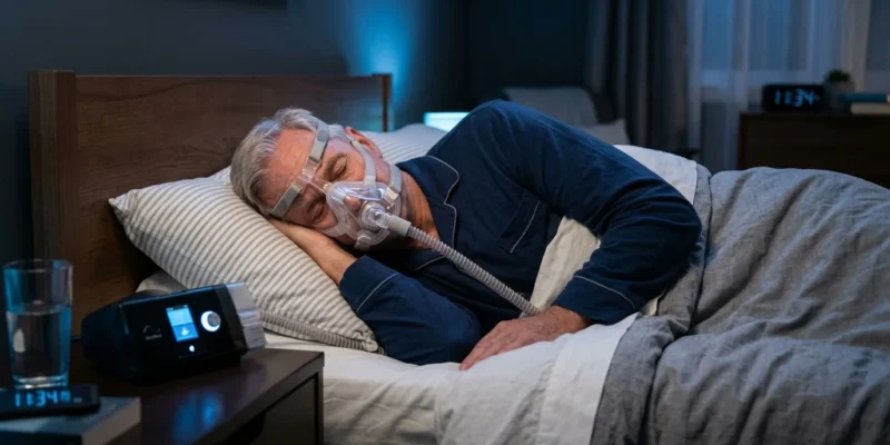 Older adult wearing CPAP full-face mask in bed at night for sleep apnea therapy