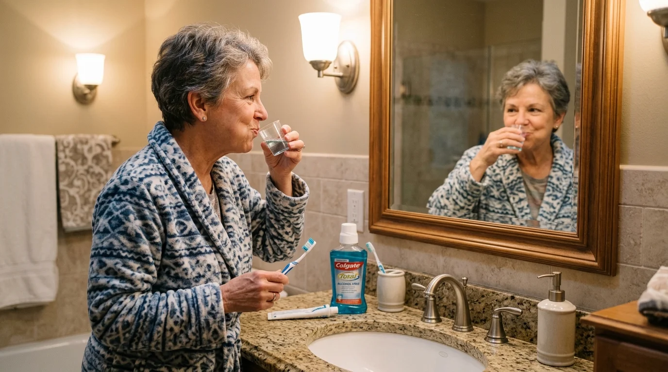 Older adult using toothbrush and alcohol-free mouthwash for oral care to prevent CPAP dry mouth damage