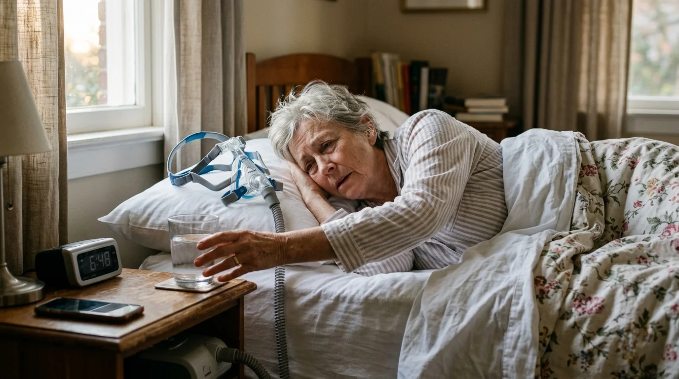 Older adult waking up reaching for water after night of CPAP dry mouth discomfort