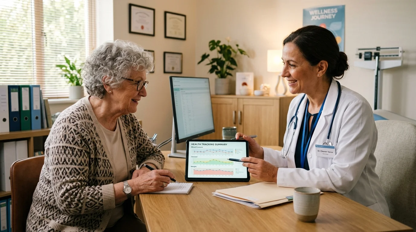 Older patient discussing health tracking results with doctor in clinic for biological aging checkup