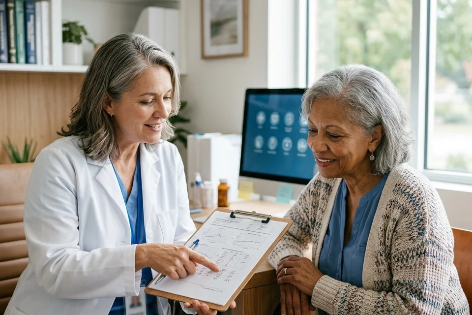 Doctor reviewing health assessment with an older adult to determine GLP-1 treatment candidacy