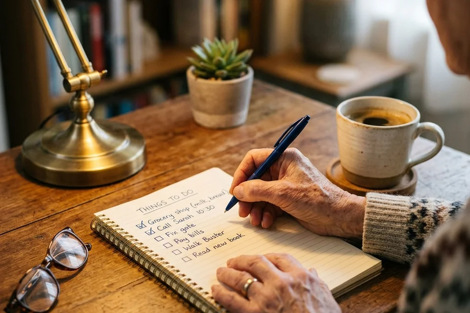 Older adult writing a checklist in preparation for a GLP-1 doctor visit