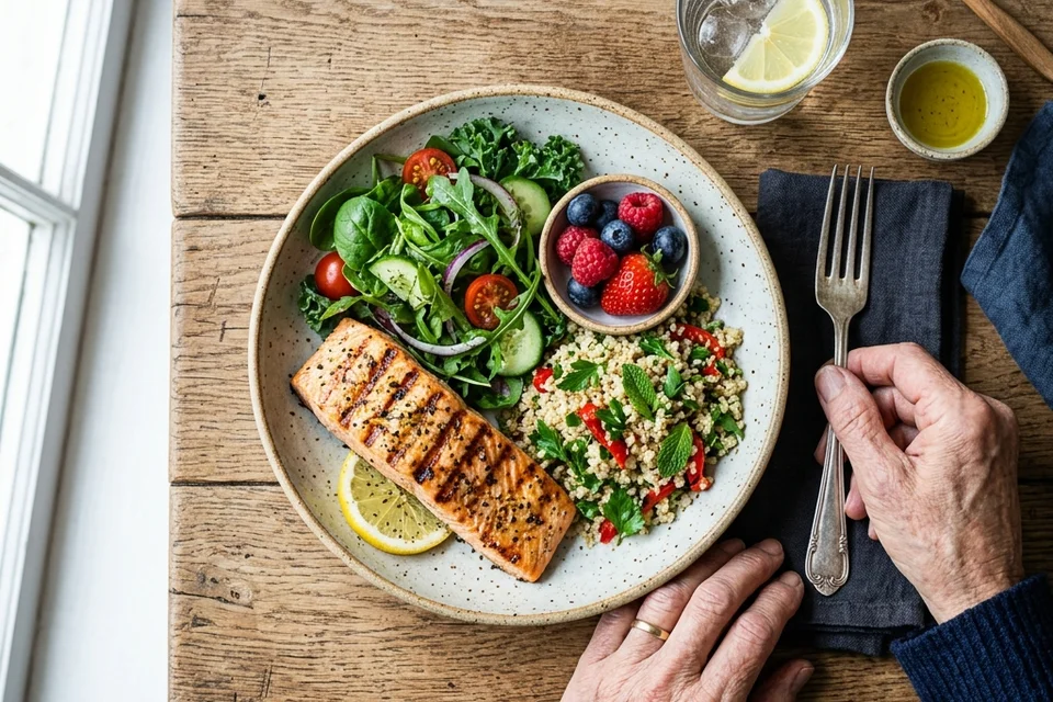 Balanced plate of grilled fish, vegetables and grains for GLP-1 nutrition planning