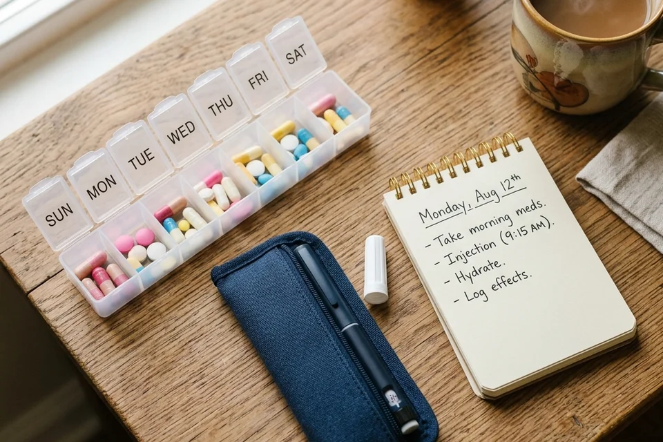 Pill organizer and GLP-1 injection pen with a daily medication checklist