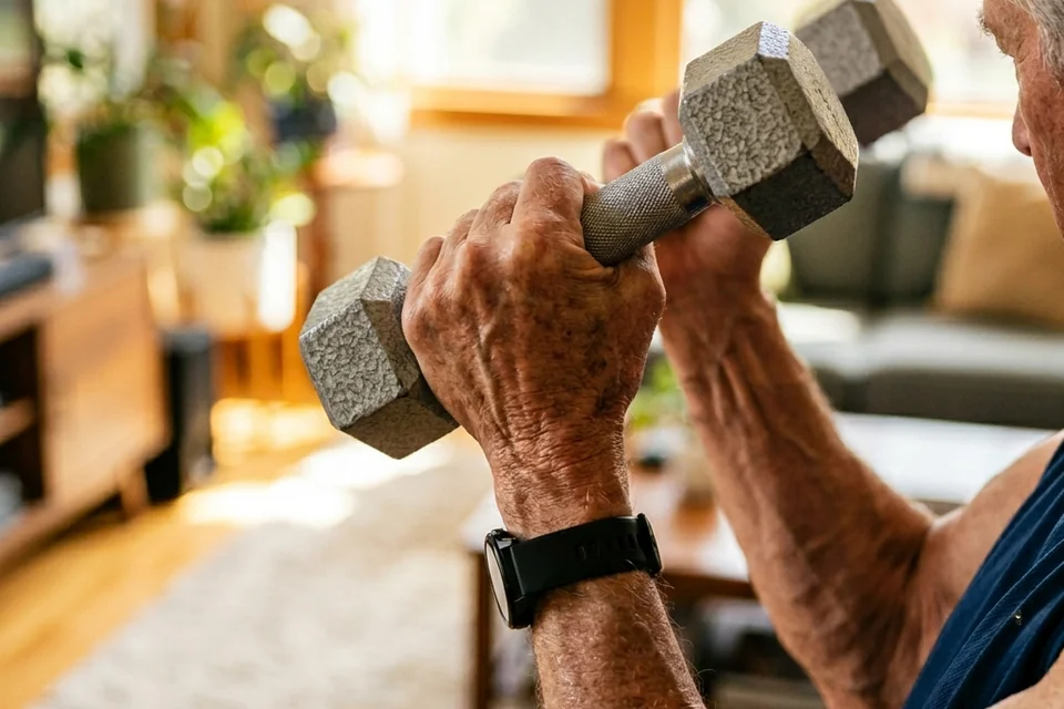 Older adult performing supervised strength exercise with dumbbells