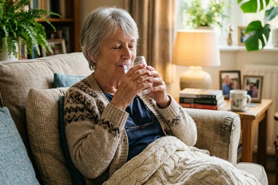 Older adult resting at home and drinking water while managing GLP-1 side effects
