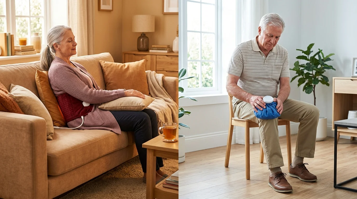 Senior using heat therapy and ice therapy to relieve pain