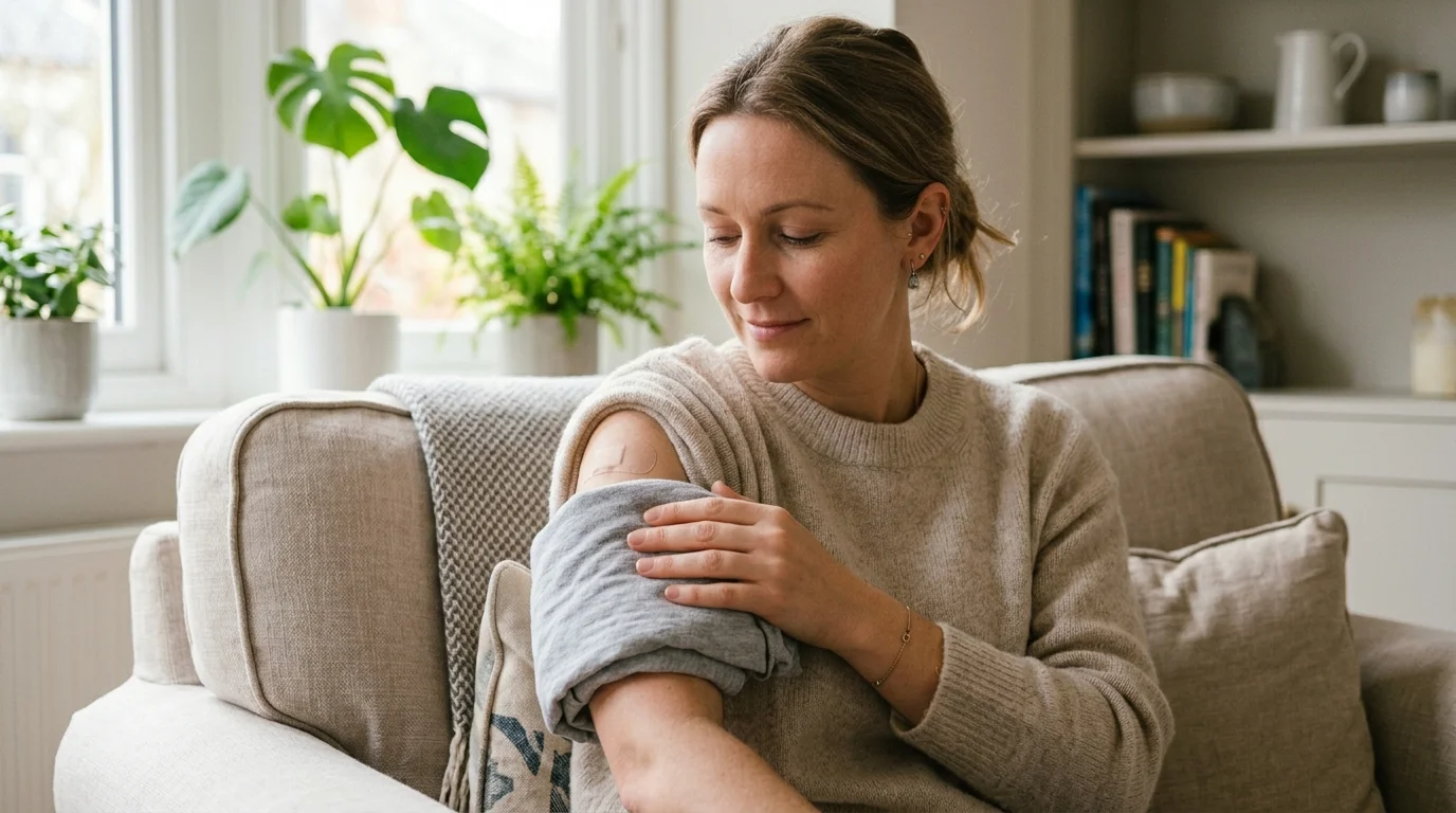 Person applying cold ice pack compress to arm injection site to reduce bruising