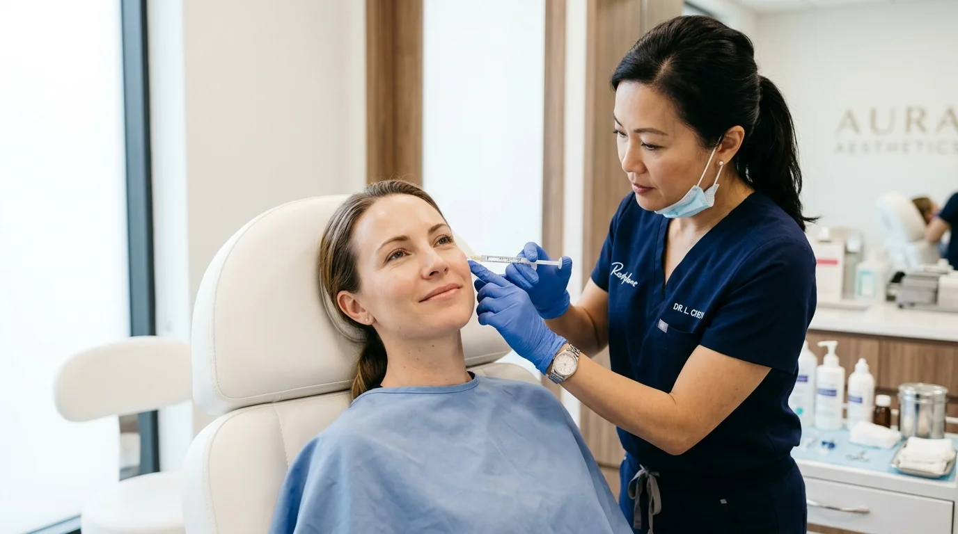 Professional administering dermal filler cosmetic injection in clinical setting