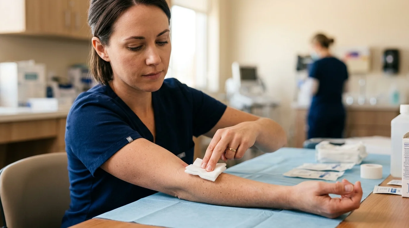 Person pressing sterile gauze firmly on forearm injection site to stop bruising
