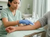 Healthcare professional applying gauze pressure to injection site to prevent bruising