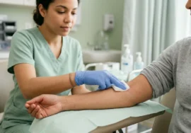 Healthcare professional applying gauze pressure to injection site to prevent bruising