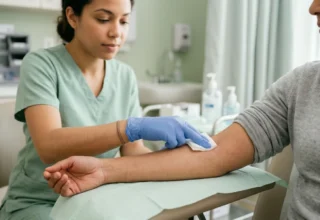 Healthcare professional applying gauze pressure to injection site to prevent bruising