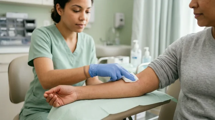 Healthcare professional applying gauze pressure to injection site to prevent bruising