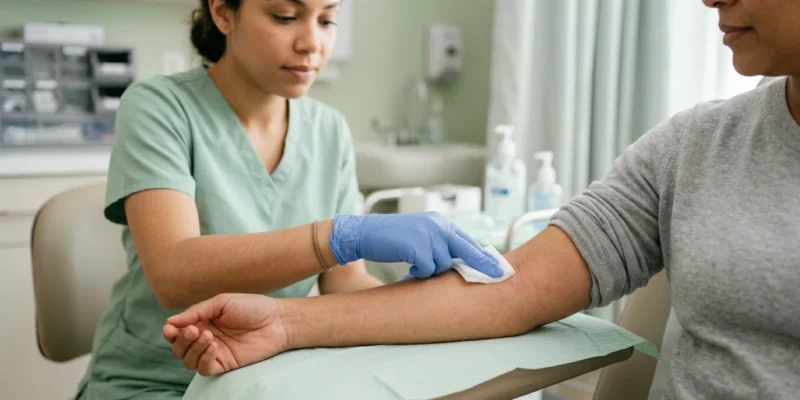 Healthcare professional applying gauze pressure to injection site to prevent bruising