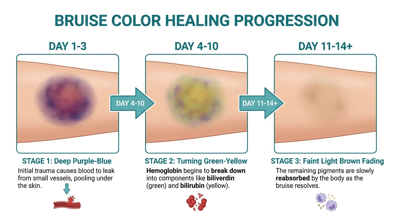 Bruise color healing progression timeline from purple to green to yellow to faded