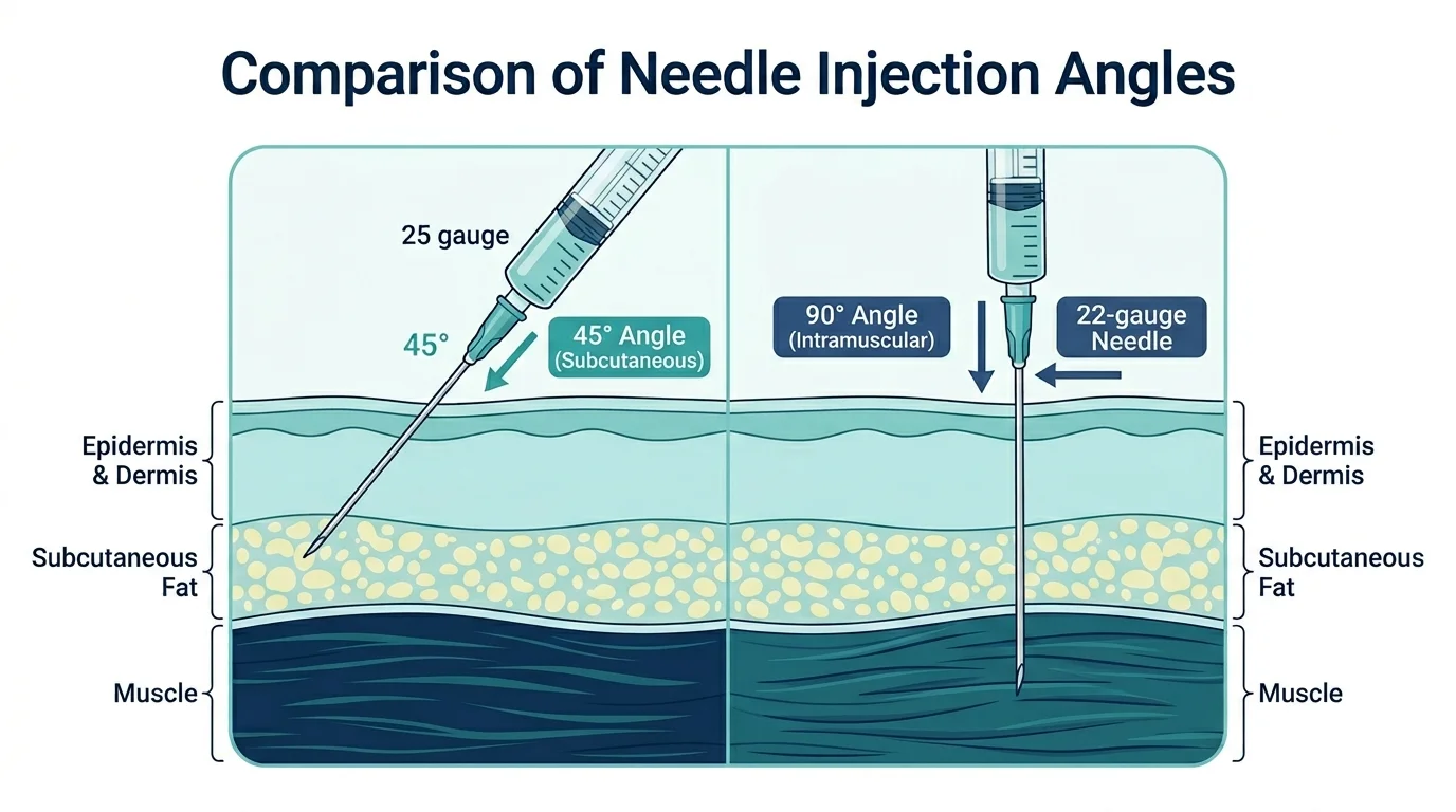 Medical diagram showing correct injection angles – 45 degree subcutaneous and 90 degree intramuscular