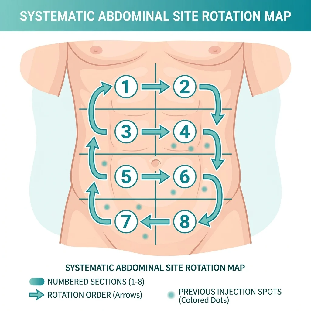 Injection site rotation map showing systematic abdomen injection zones to prevent bruising
