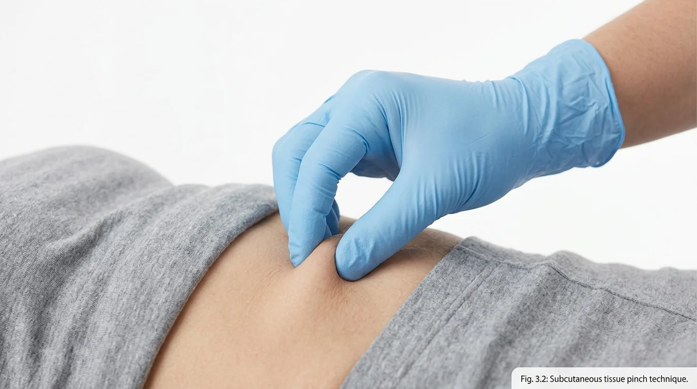 Hand pinching skin fold on abdomen for proper subcutaneous injection technique