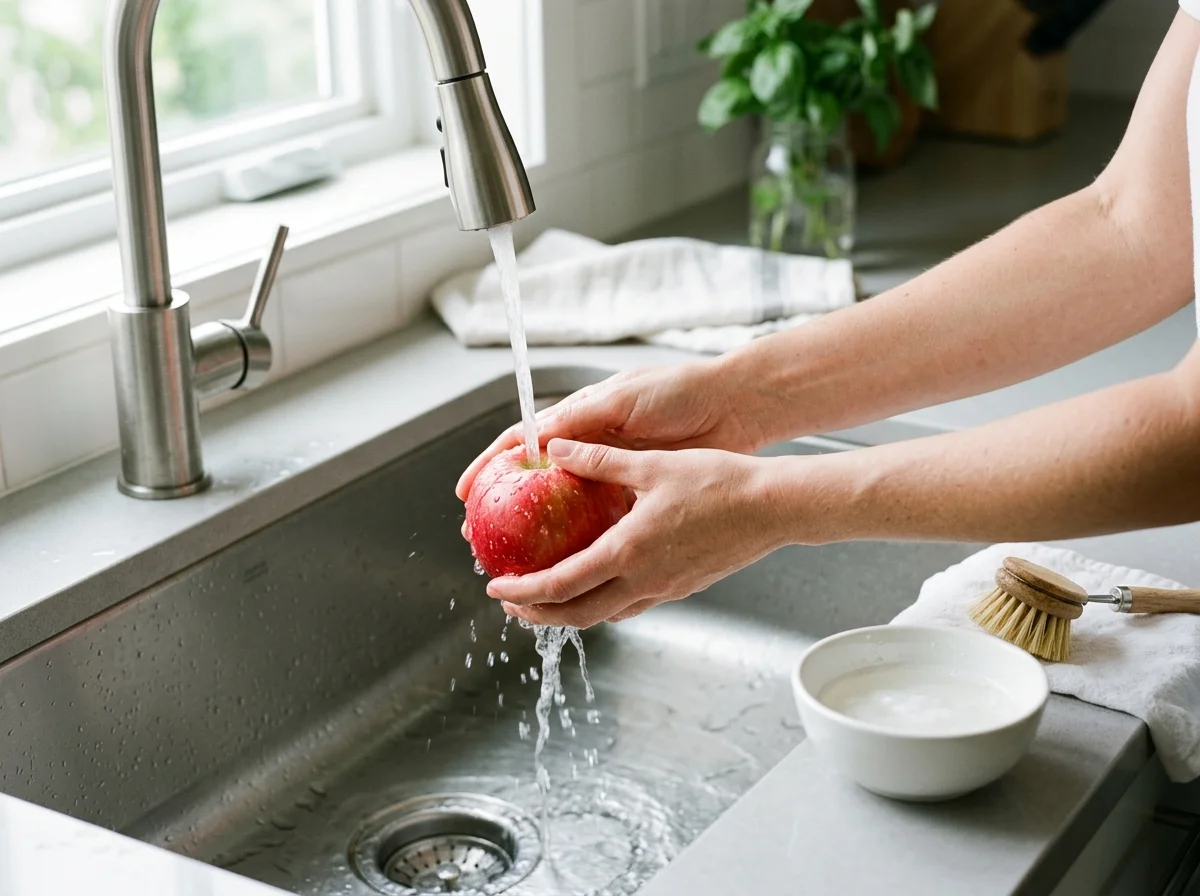 Hands washing a fresh red apple under running water at a kitchen sink with a baking soda solution and produce brush nearby for removing pesticide residue