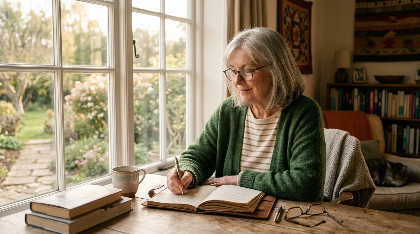 Older adult journaling and reading near a window to support brain health and emotional well-being