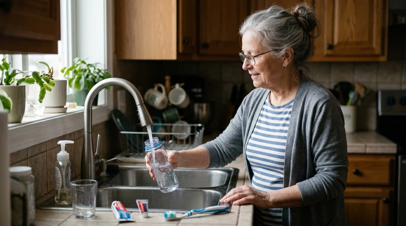 Older adult filling a water bottle right after brushing teeth as a habit-stacking example