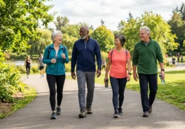 Adults over 60 walking outdoors as part of a healthy-aging routine