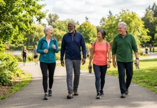 Adults over 60 walking outdoors as part of a healthy-aging routine