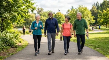 Adults over 60 walking outdoors as part of a longevity formula after 60 routine
