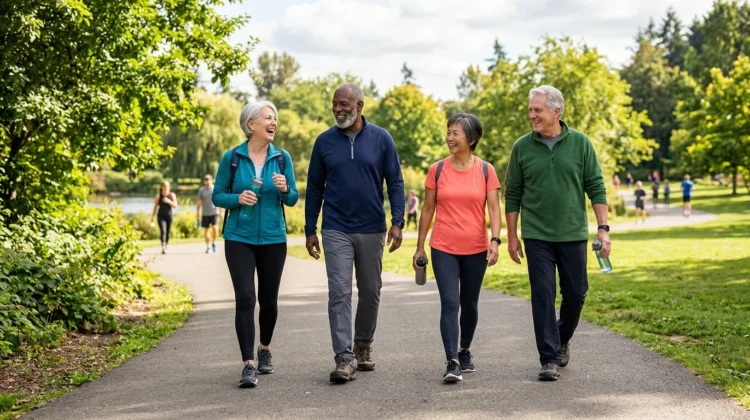 Adults over 60 walking outdoors as part of a healthy-aging routine