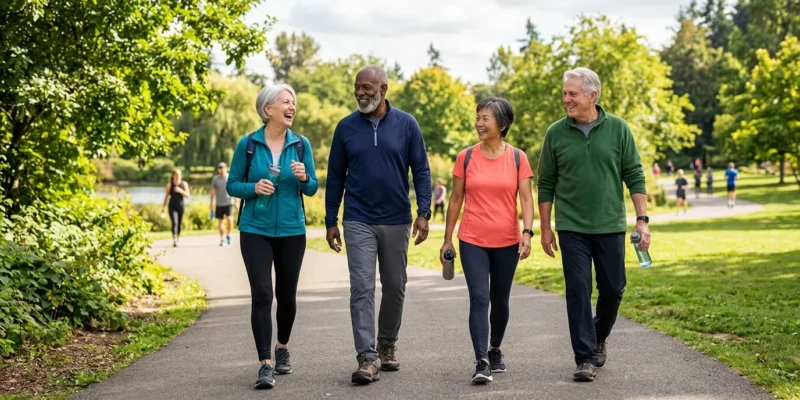 Adults over 60 walking outdoors as part of a healthy-aging routine