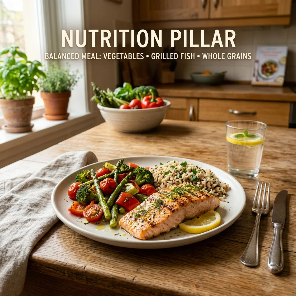 Balanced plate with vegetables, grilled fish, and whole grains for healthy aging nutrition