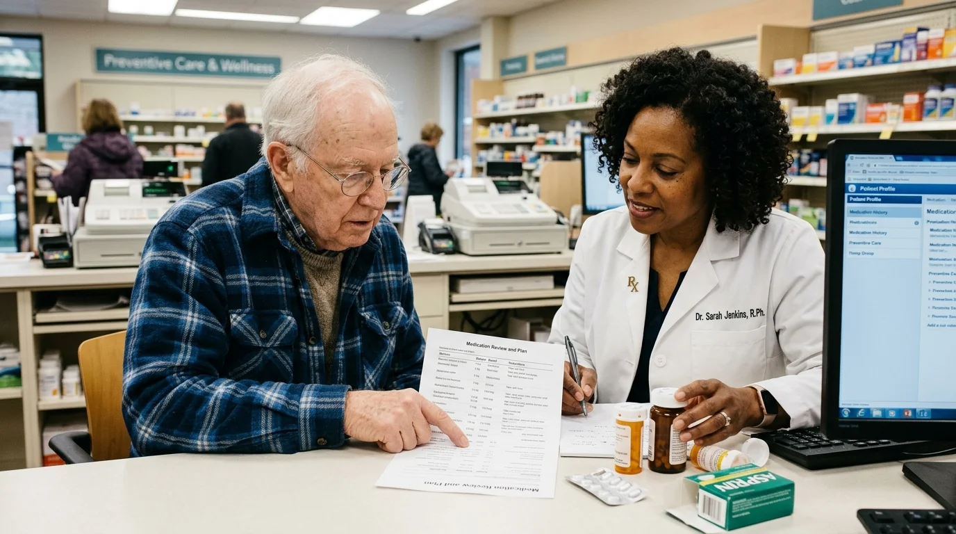 Older patient reviewing medications with a pharmacist or doctor for preventive care
