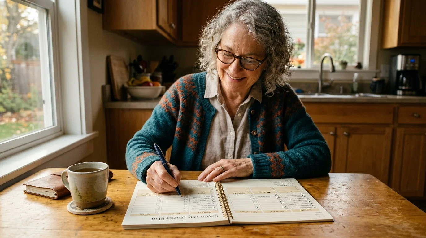 Older adult checking off a printed weekly planner as part of a seven-day longevity starter plan