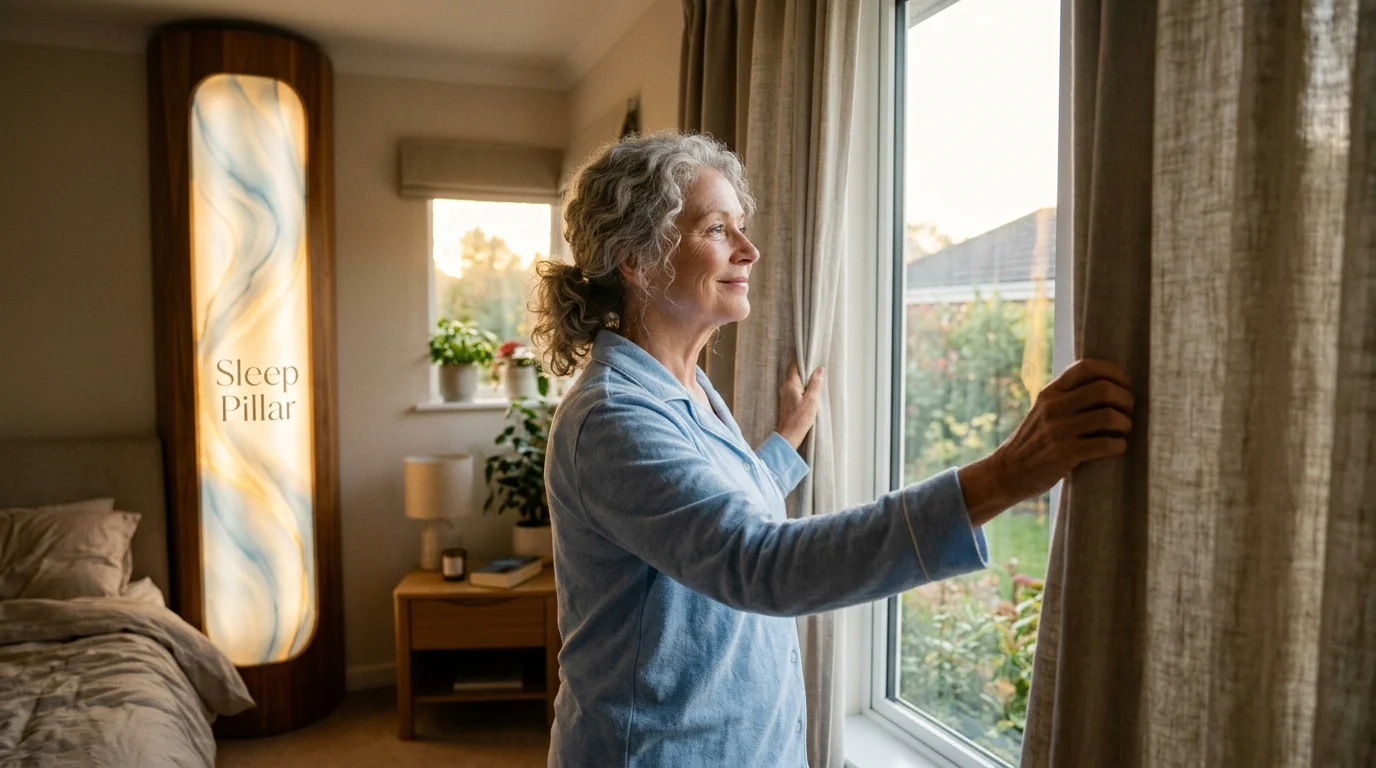 Older adult opening bedroom curtains to morning light to support sleep and circadian rhythm