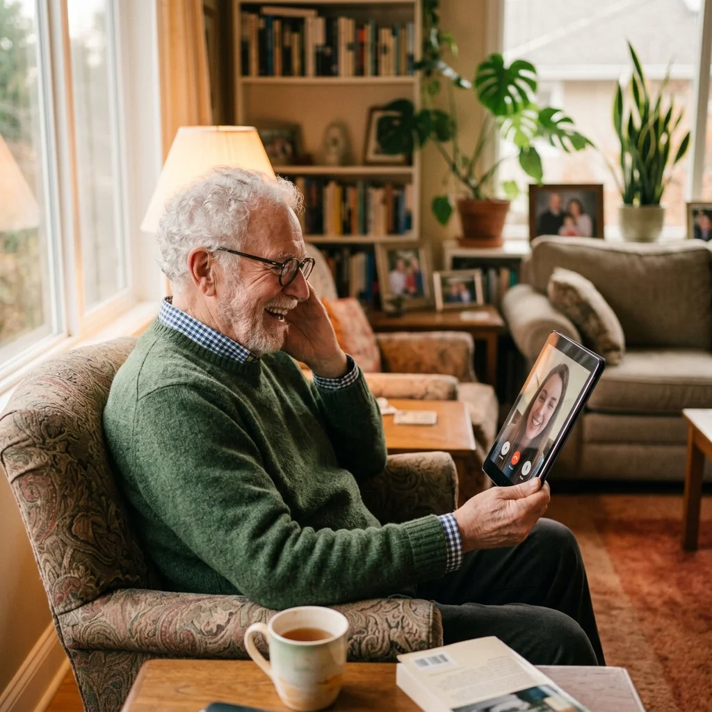 Older adult having a video call to maintain social connection as a health habit