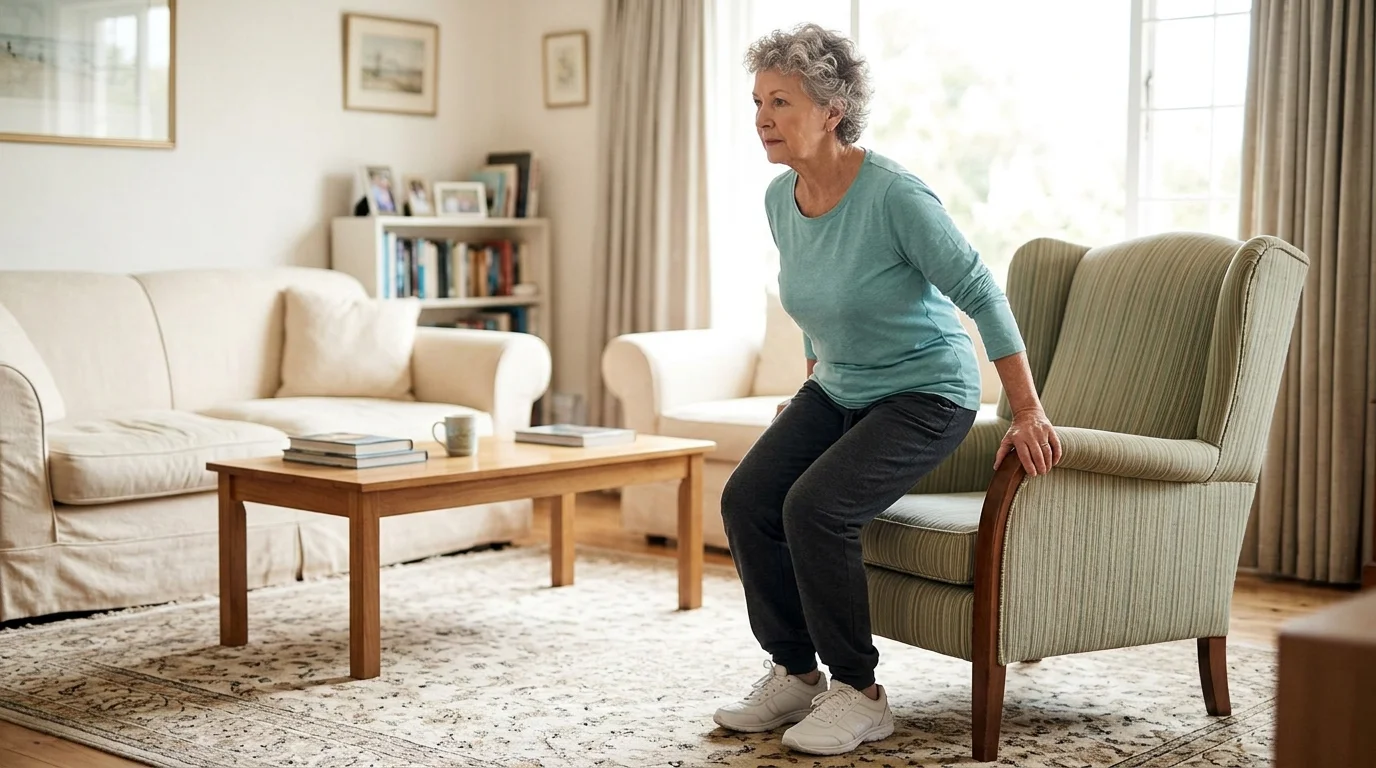 Older adult performing a supported chair stand for strength training after 60