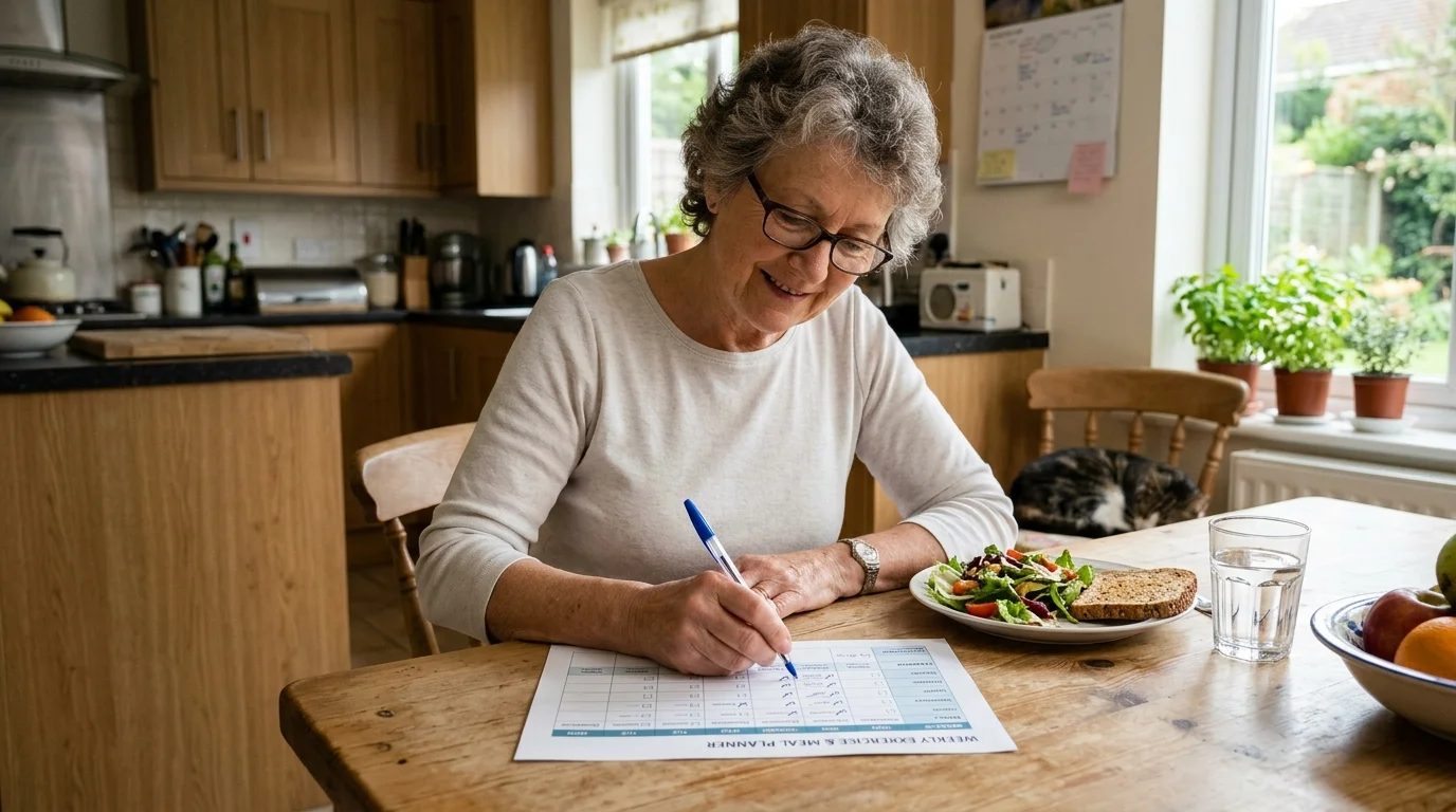 Older adult checking off a printed weekly exercise and meal planner