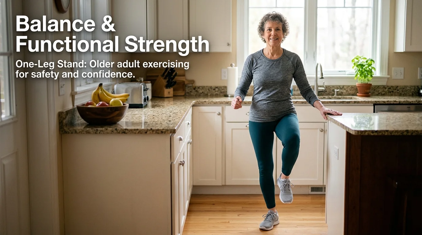 Older adult practicing a one-leg stand for balance and functional leg strength