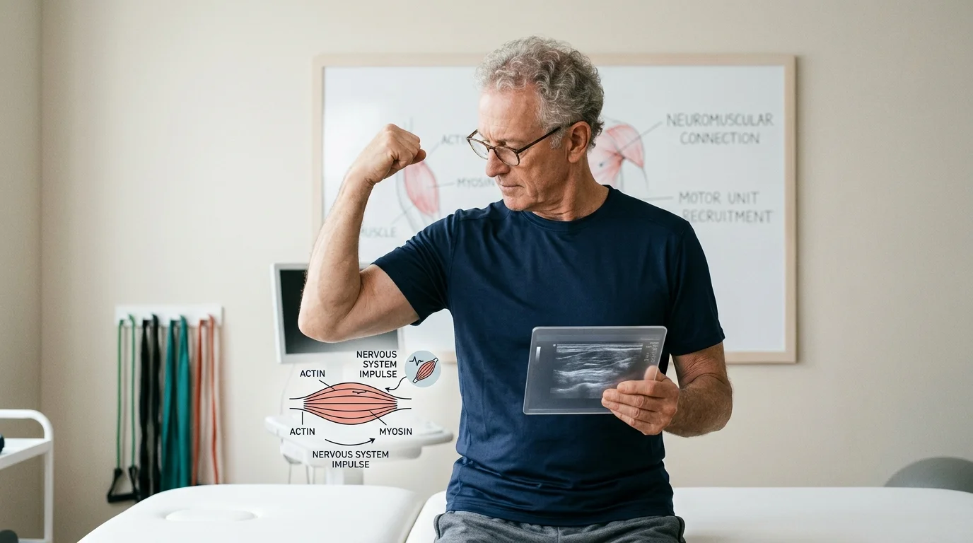 Older adult flexing their arm muscle illustrating muscle awareness and metabolism