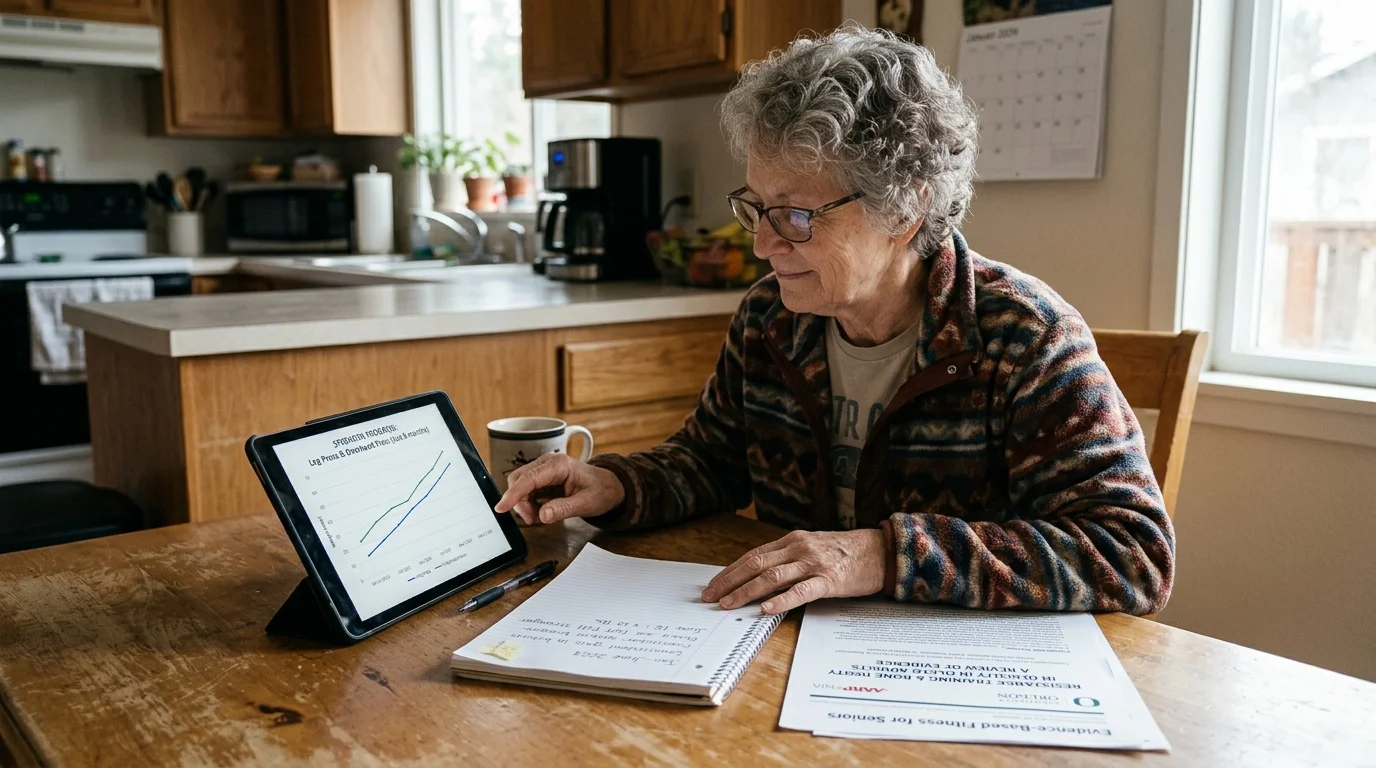 Older adult reviewing a fitness tracker showing strength and progress data