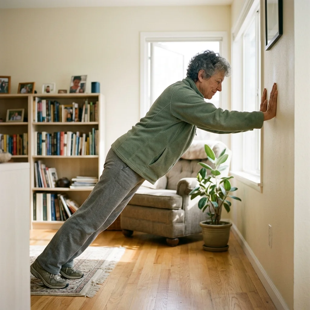 Older adult doing a wall push-up at home as a practical strength exercise