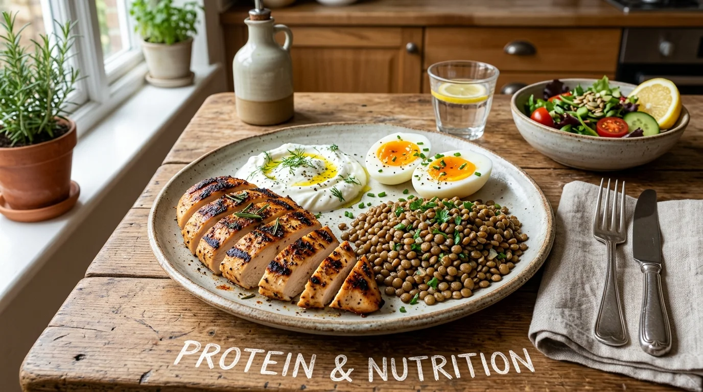 Protein-rich plate with chicken, Greek yogurt, eggs and lentils for muscle preservation