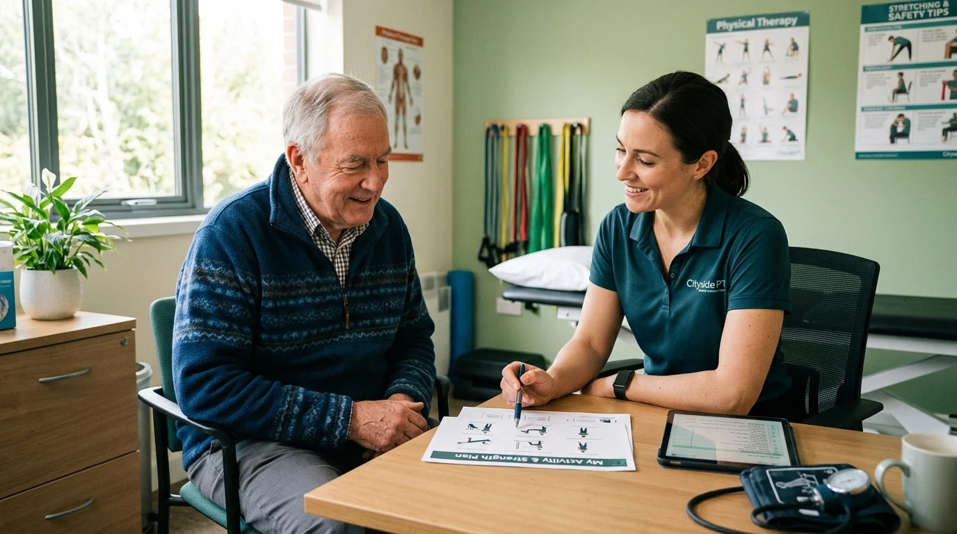 Older adult discussing an exercise plan safety precautions with a doctor
