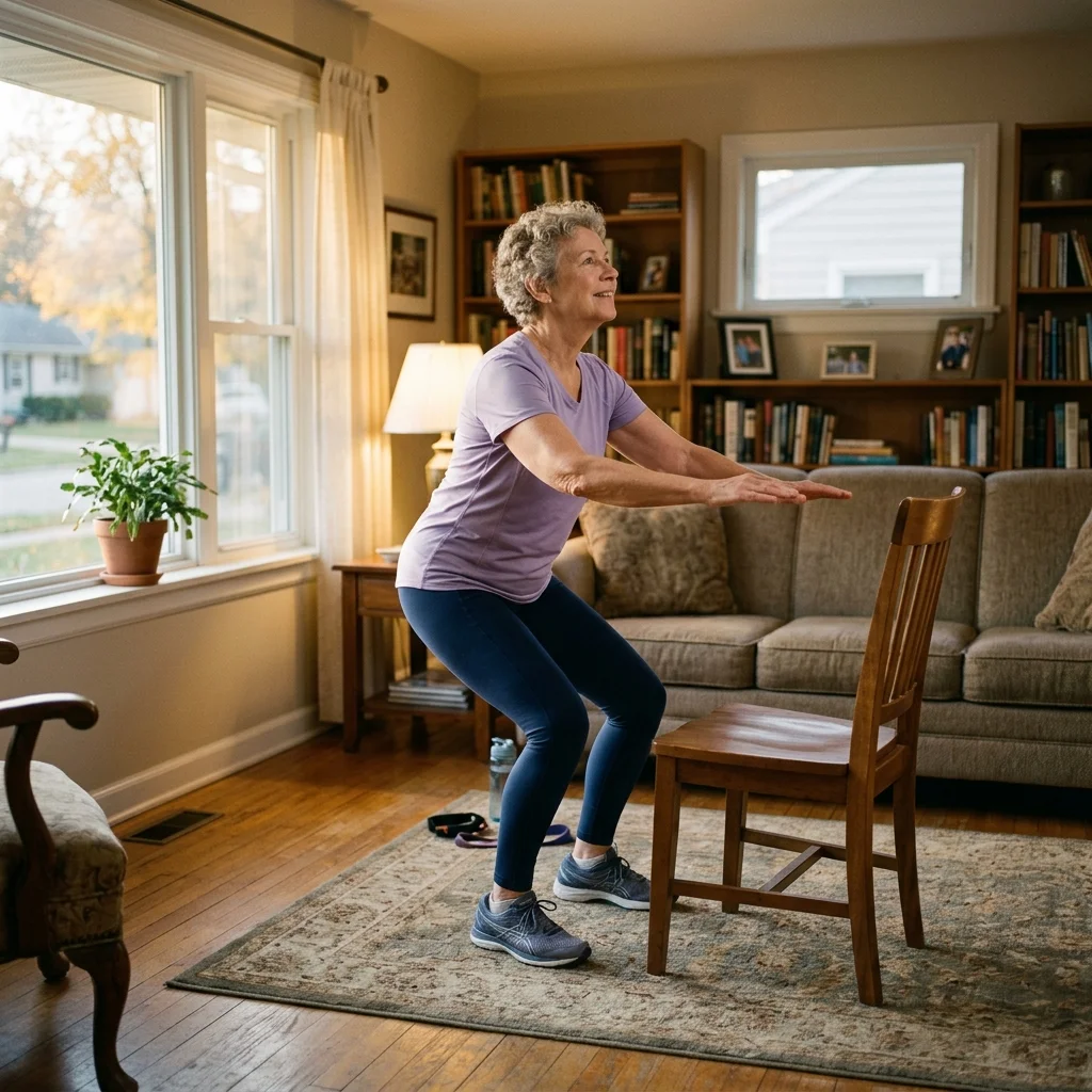 Older adult performing a chair squat exercise for strength training after 60
