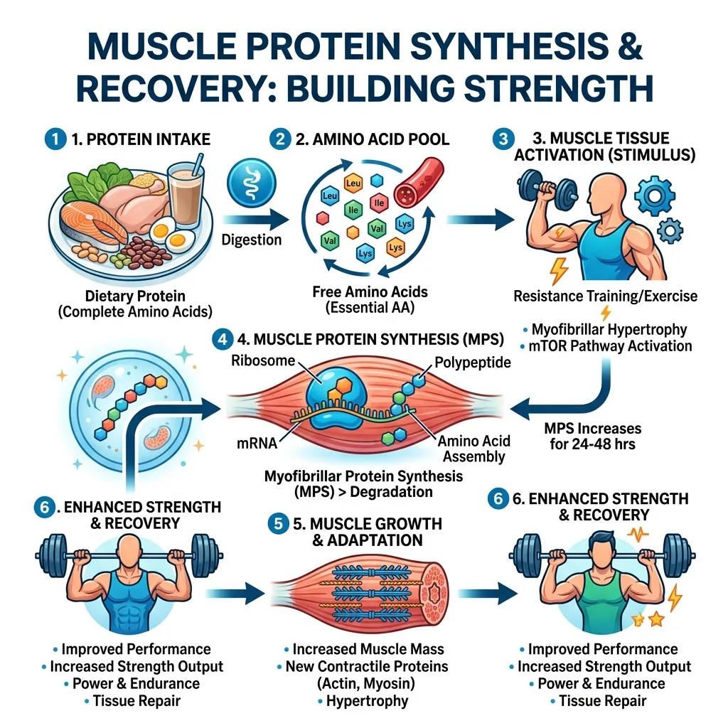 Concept diagram showing muscle protein synthesis process for seniors