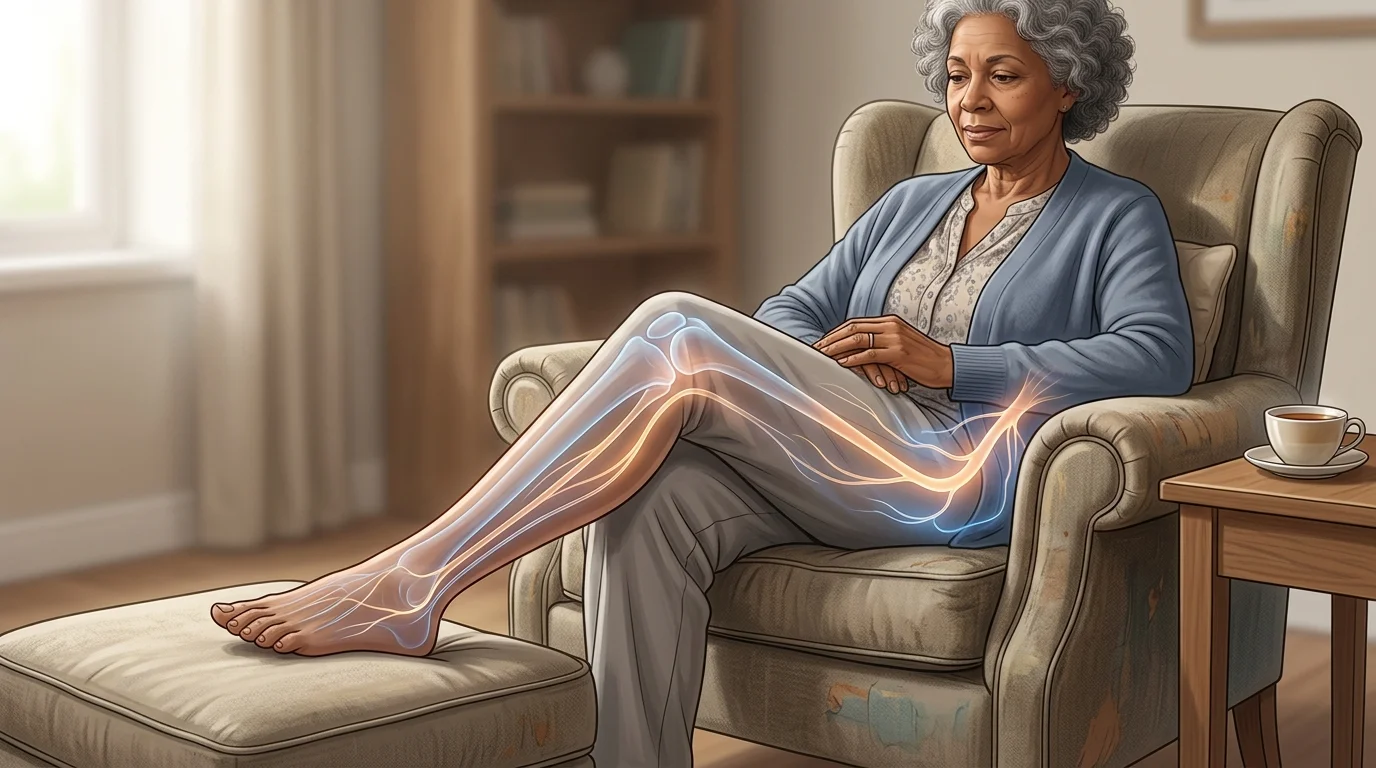 Illustration showing nerve pain sensations in the leg of an older adult
