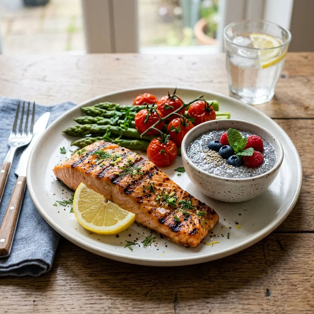 Salmon and chia seeds rich in omega 3 fatty acids to reduce senior muscle inflammation