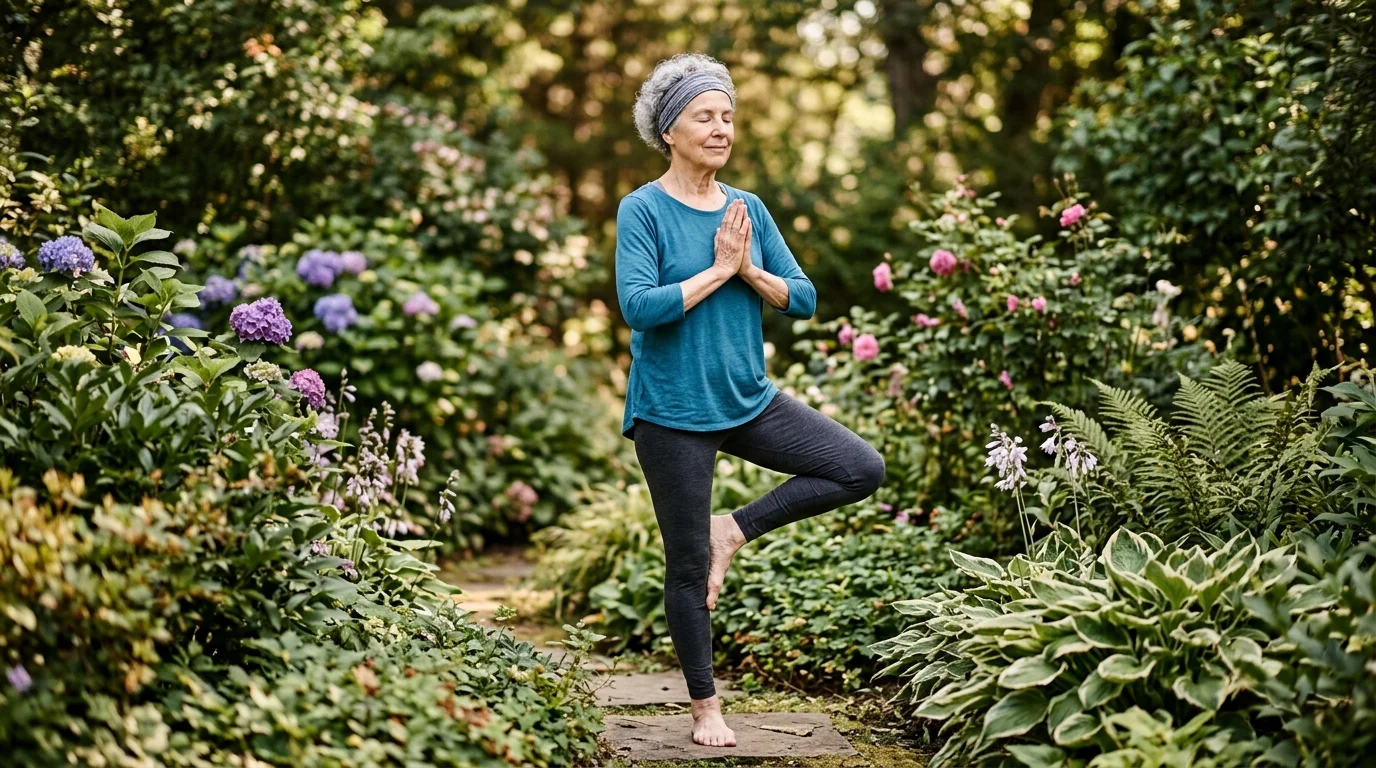 Elderly woman doing a balance pose (tree pose) in a garden to prevent falls